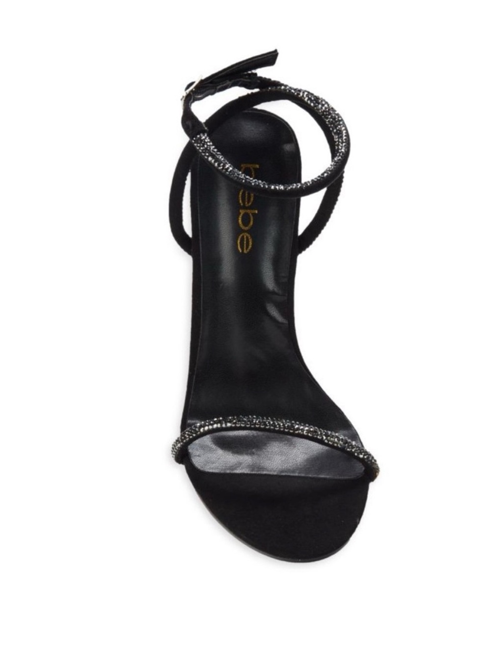 LIKE NEW/BEBE ALL BLACK RHINESTONE ANKLE STRAP HEEL SANDALS SZ: 8